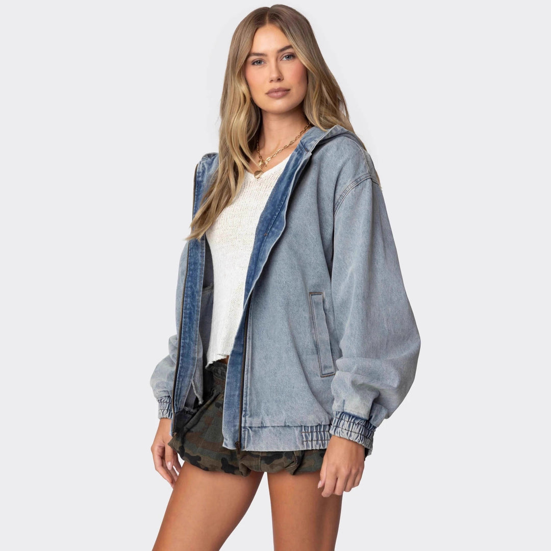 Damen Oversized Denimjacke mit Kapuze und elastischen Bündchen Lisslune