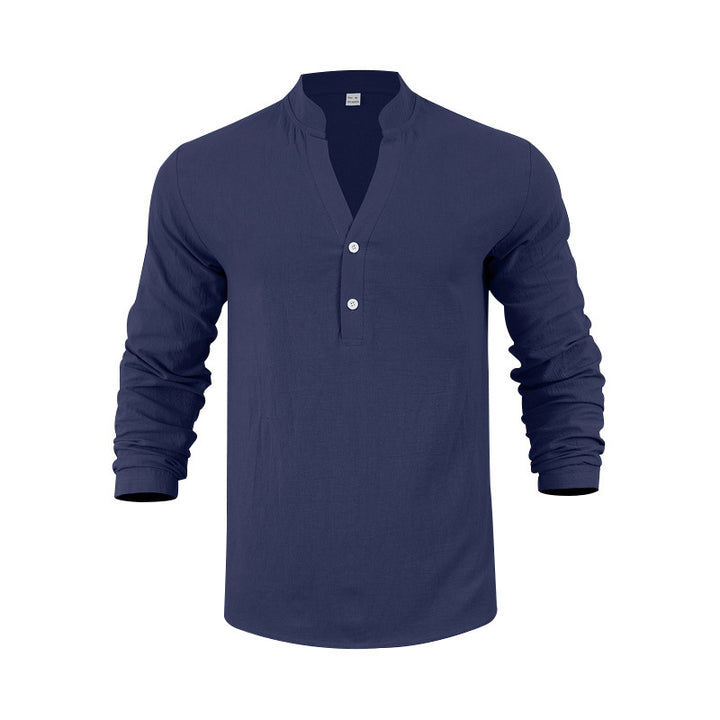 Men's long-sleeved Henley shirt with fashionable collar and decorative button details Lisslune