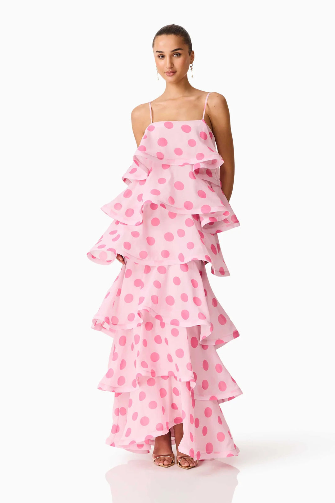 Ladies maxi dress with playful ruffles and dots Lune London