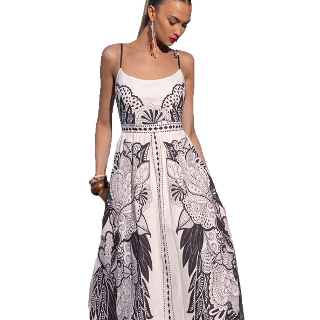 Women's maxi dress with fine straps and artistic graphic print