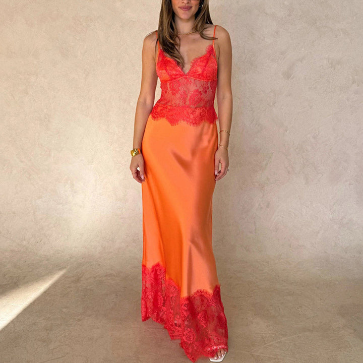 Damen Elegantes Nachtkleid mit transparentem Spitzeneinsatz und verstellbaren Trägern Lisslune