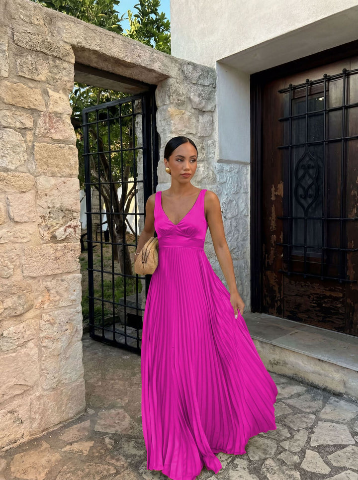 Women's pleated dress with deep V-neckline and elegant silhouette