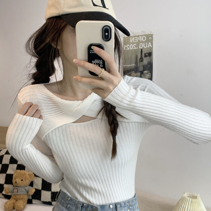 Women's long sleeve shirt with open shoulder area and rib knit pattern Lisslune