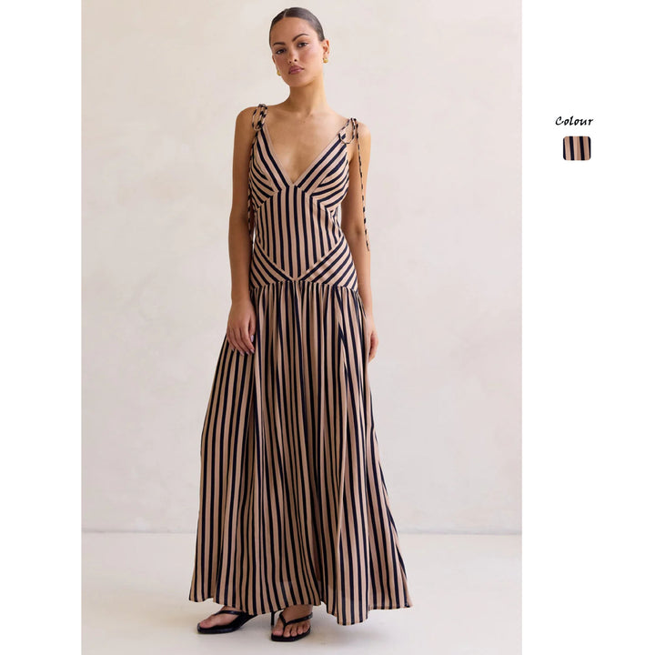 Women's maxi dress with deep V-neckline and elegant striped design