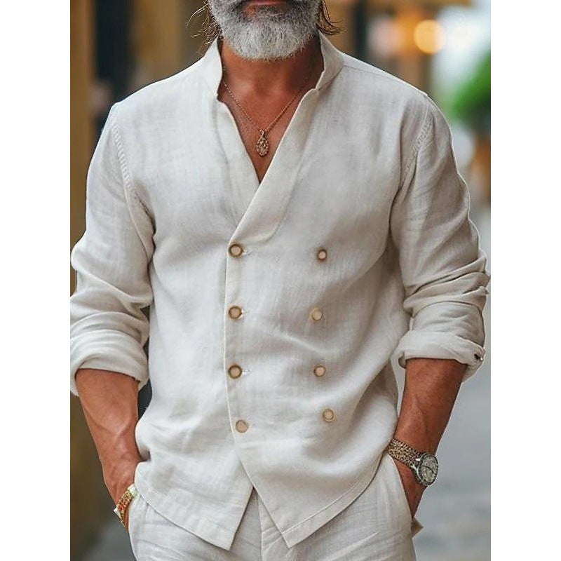 Men's linen shirt with double button placket and trendy standing collar Lisslune