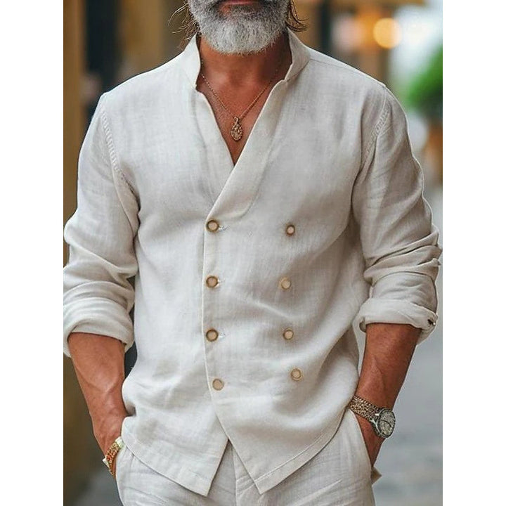 Men's linen shirt with double button placket and trendy standing collar Lisslune