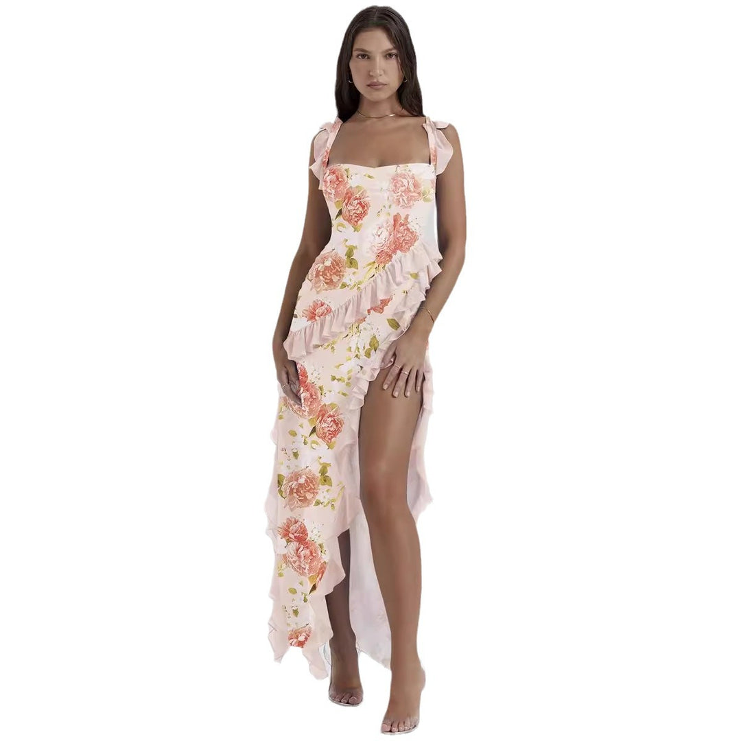 Women's Maxi Dress with Ruffle Details and Floral Design