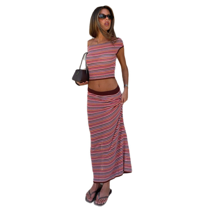 Ladies maxi dress with colorful stripes and off-shoulder design Lisslune