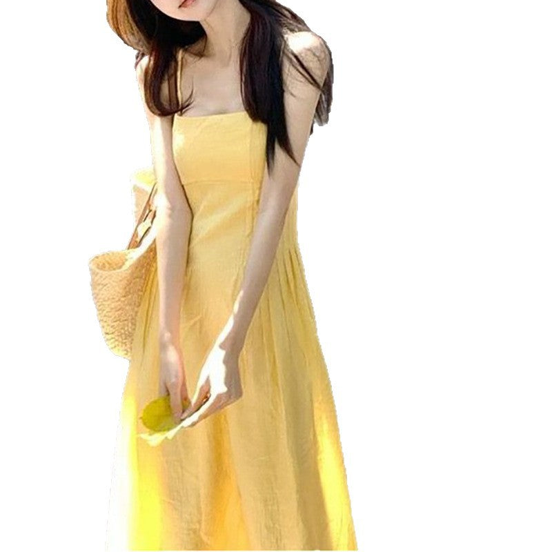 Women Long Sleeve Midi Dress with Narrow Spaghetti Straps and Tailored Cut