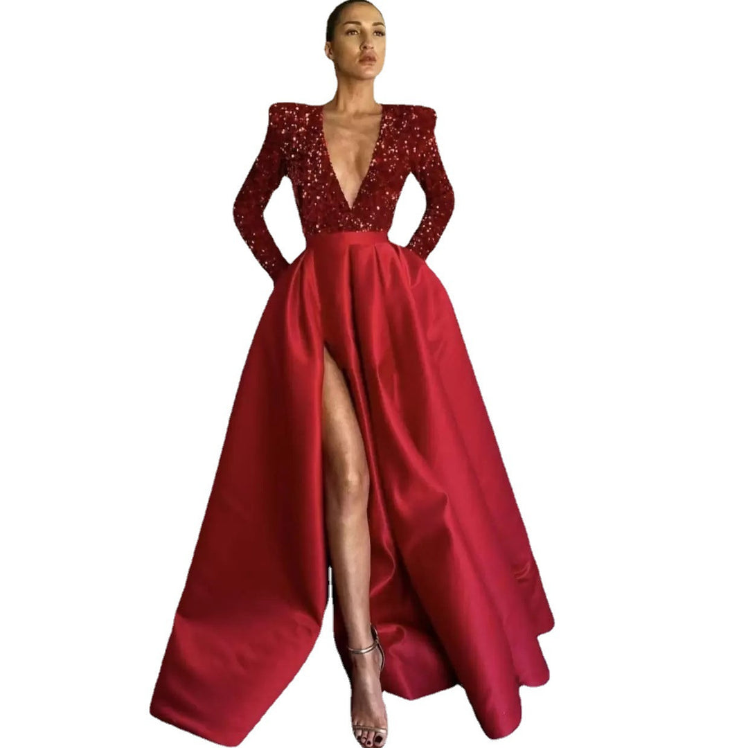 Women's Glamorous Evening Dress with Deep V-Neck and High-Cut Skirt Lisslune