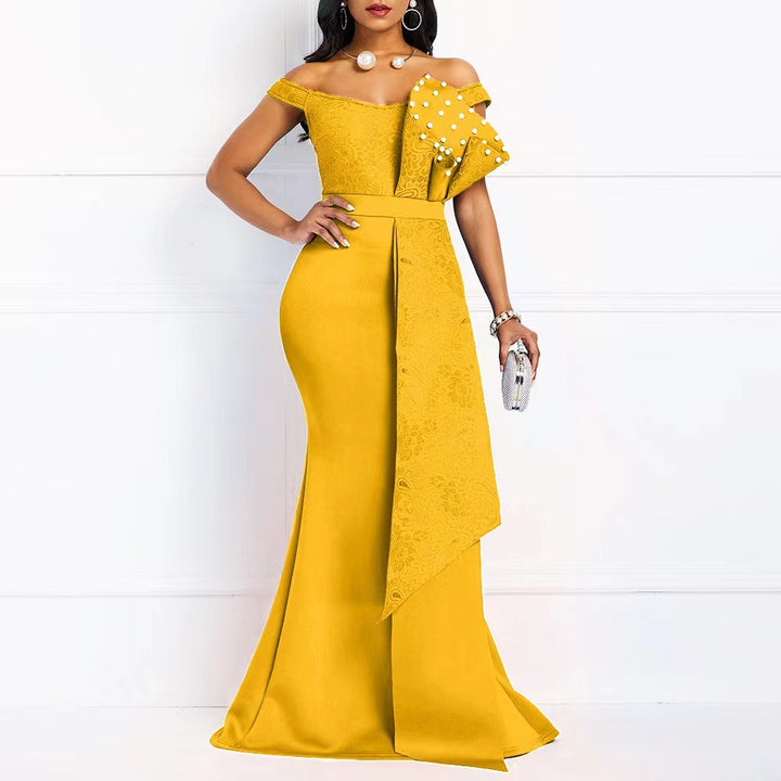 Women's evening maxi dress with off-shoulder design and luxurious lace appliqués Lisslune