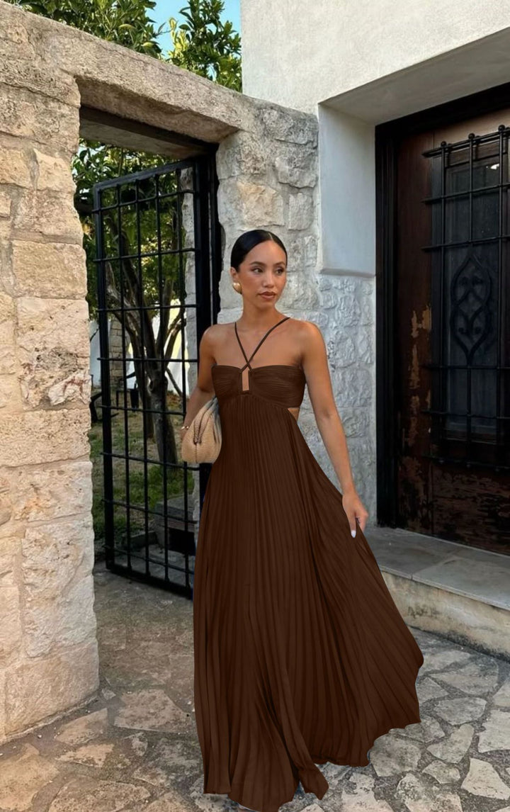 Women's pleated dress with off-the-shoulder design and refined strap details