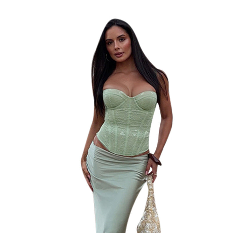 Women's corset top with floral lace patterns and fitted silhouette Lune London