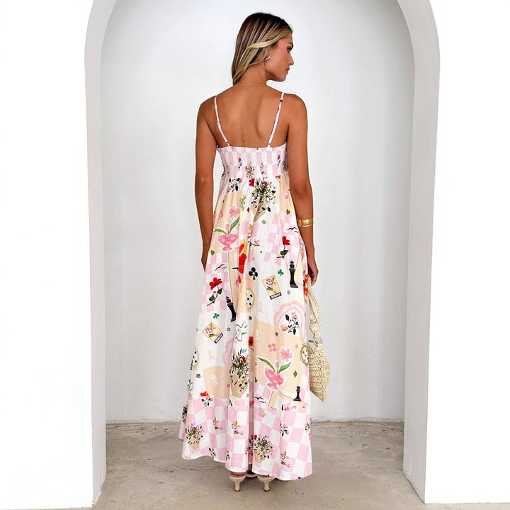 Women's maxi dress with playful floral design and cut-out details