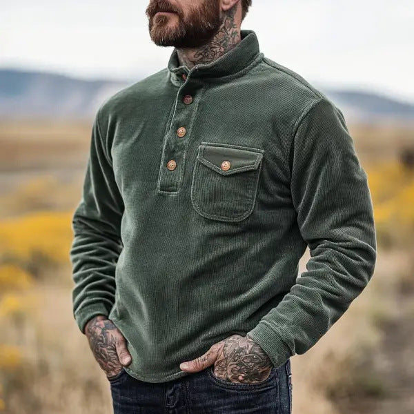 Men's Warm-keeping Cord Sweater with Button Placket and Chest Pocket Lisslune