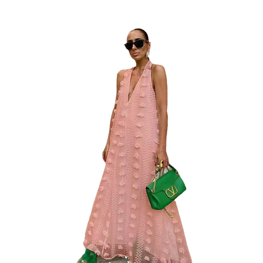 Women's maxi dress with 3D textures and deep V-neck