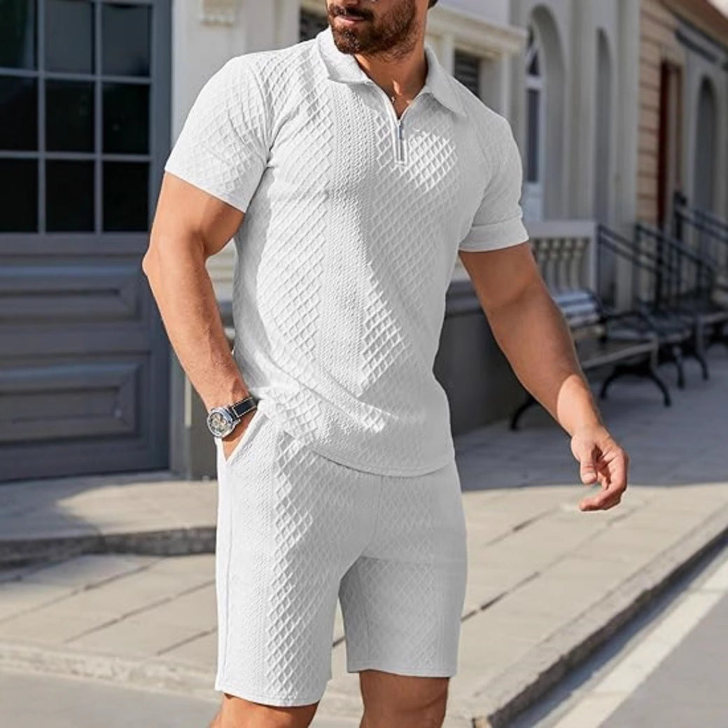 Men's sporty short sleeve set with zipper and knit pattern Lisslune