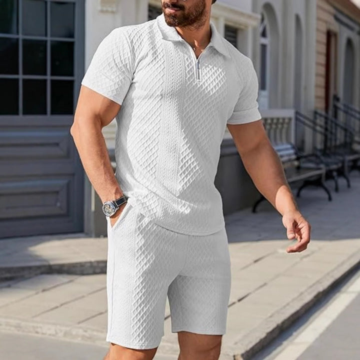 Men's sporty short sleeve set with zipper and knit pattern Lisslune