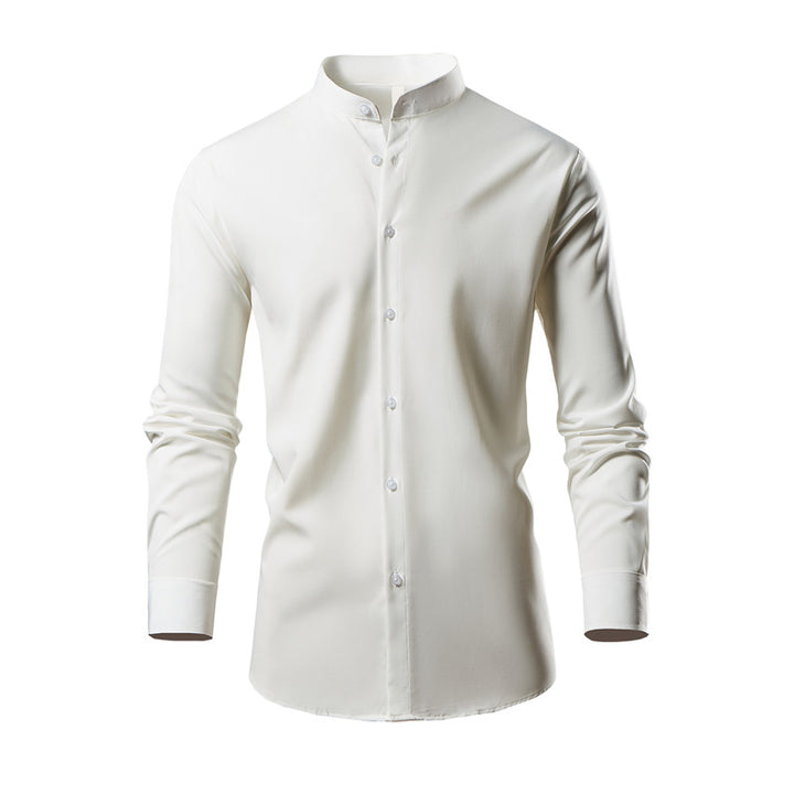 Men's Long Sleeve Kimono Shirt with Modern Stand-Up Collar and Elegant Button Details Lisslune