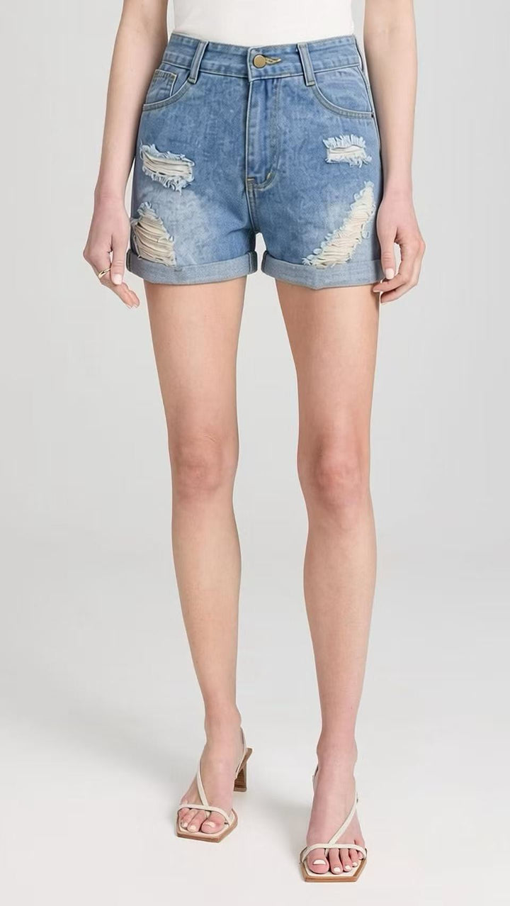 Women's Destroyed Denim Shorts with High Waist and Stylish Fringe Look Lisslune