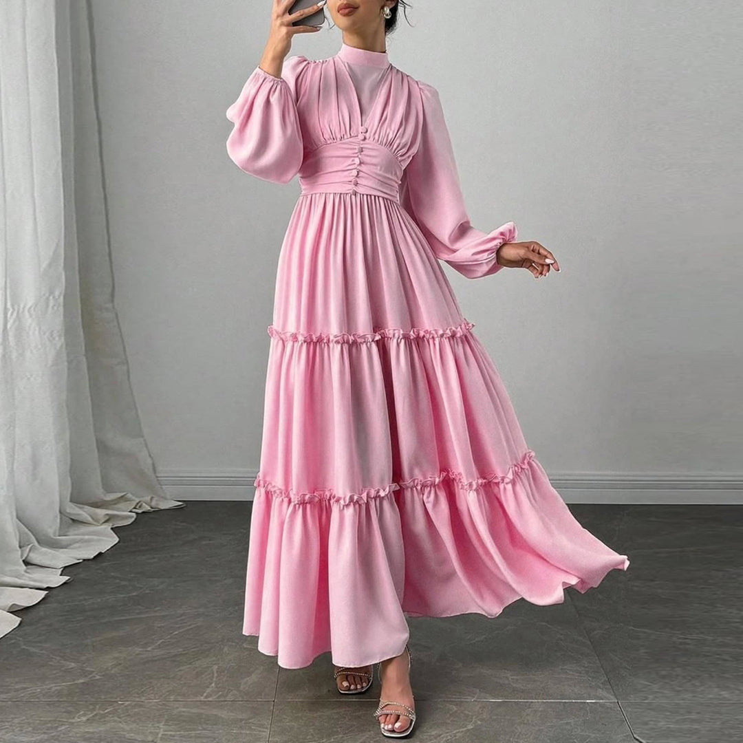 Ladies Maxi Dress with Elegant Ruffle Details and Gathered Top