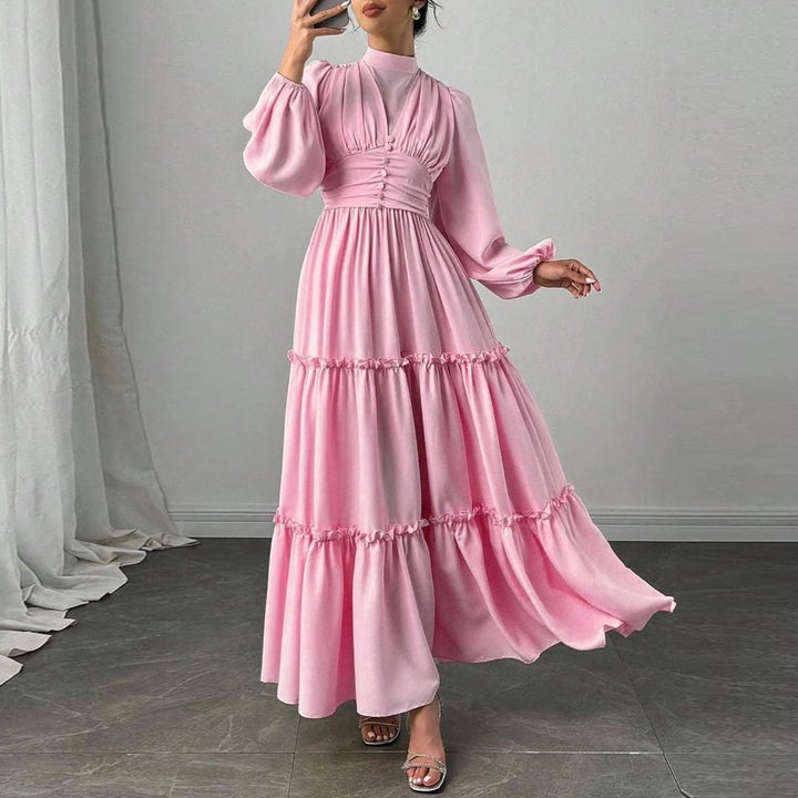 Ladies Maxi Dress with Elegant Ruffle Details and Gathered Top