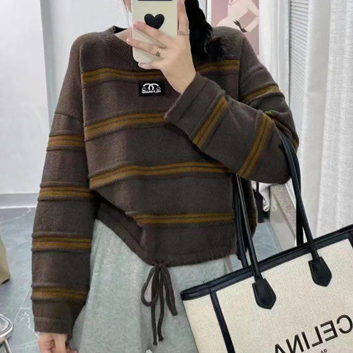 Women's striped sweater with stylish drawstring and casual oversized fit