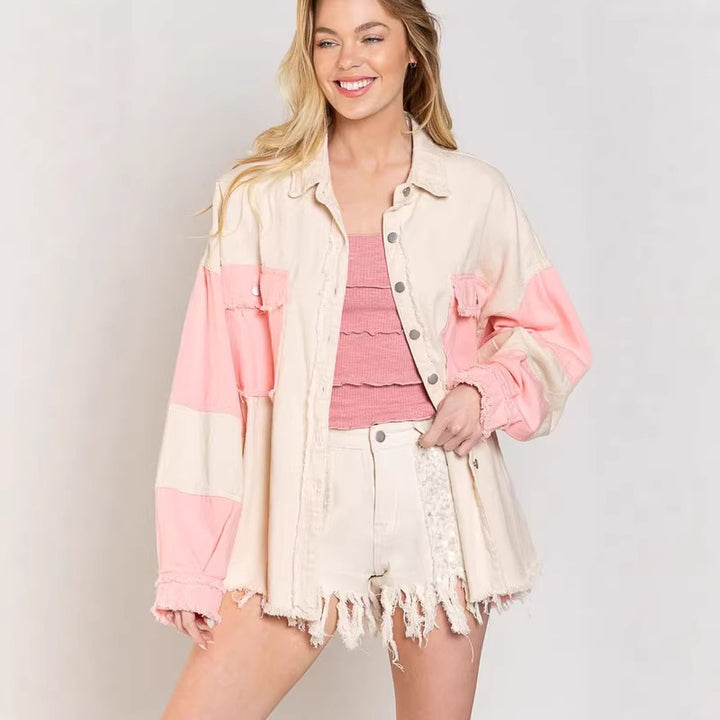 Women's Oversized Denim Jacket with Unique Color Blocks and Fringed Details Lisslune