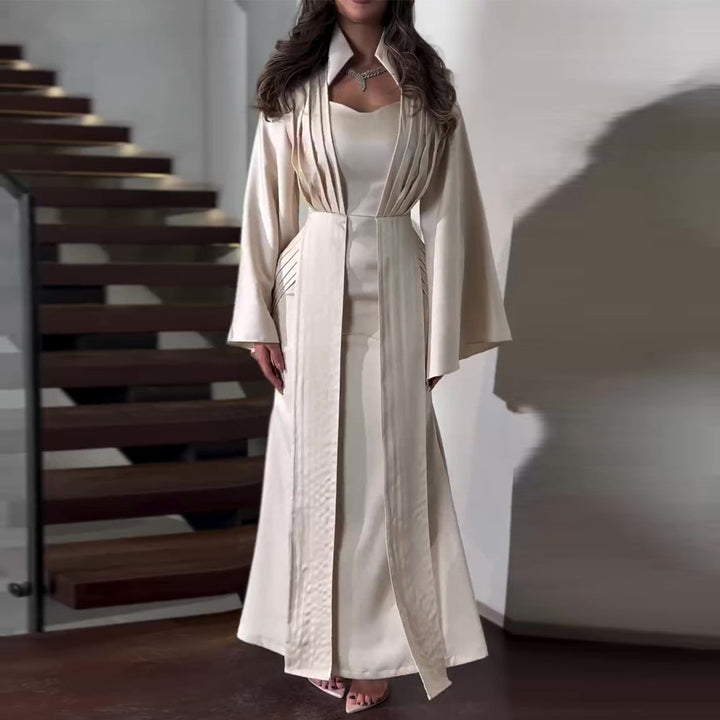 Ladies elegant maxi dress with chic waist cut and luxurious satin trim