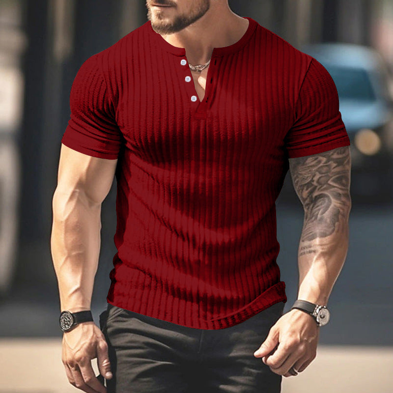 Men's Short Sleeve Ribbed Shirt with Fashionable Henley Neckline Lisslune
