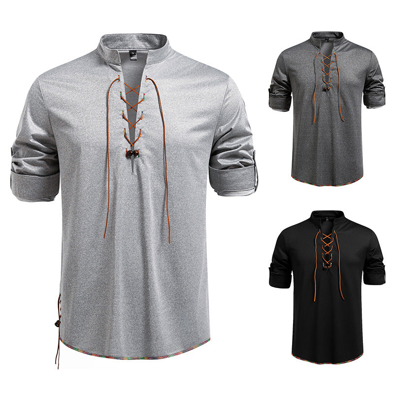 Men's Long Sleeve Shirt with Drawstring and Stand-Up Collar Lisslune