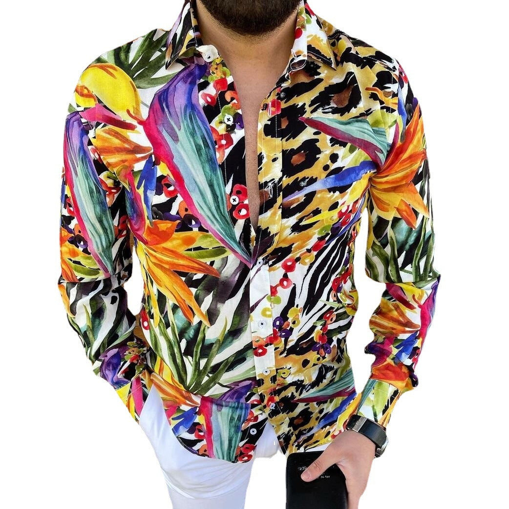 Men's Long Sleeve Shirt with Lively Garden Pattern and Elegant Fit Lisslune