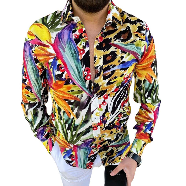Men's Long Sleeve Shirt with Lively Garden Pattern and Elegant Fit Lisslune