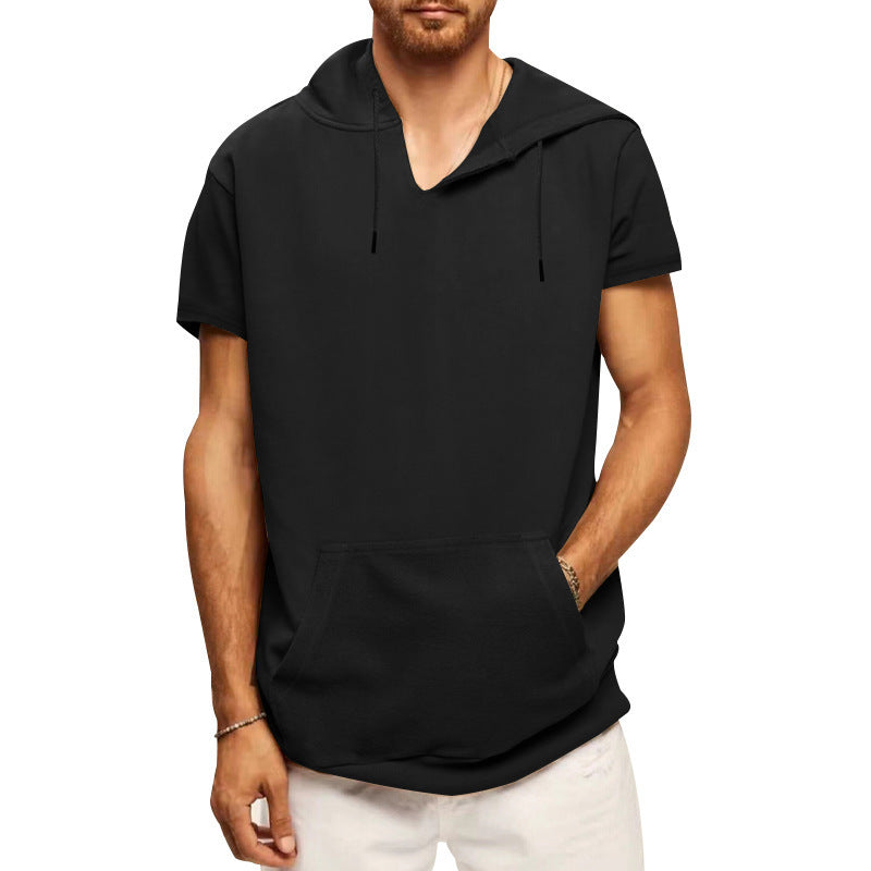 Men's Short Sleeve Hoodie with Practical Kangaroo Pocket Lisslune