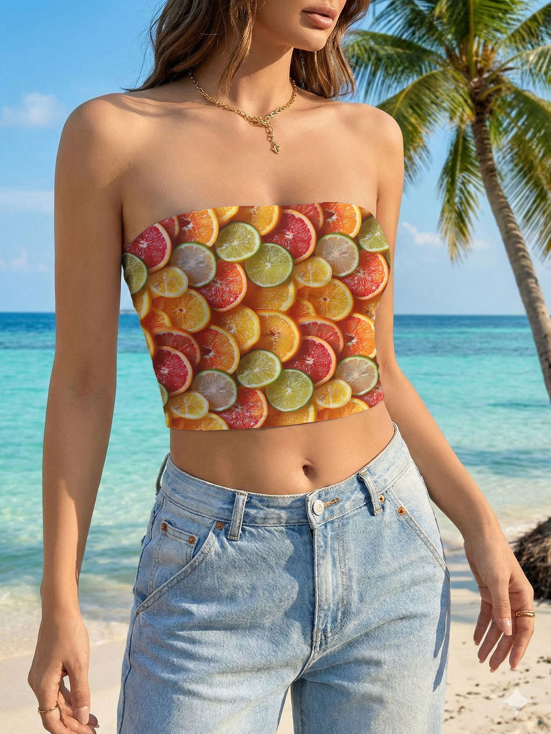 Women's bandeau top with floral bird motif and elastic fit Lisslune