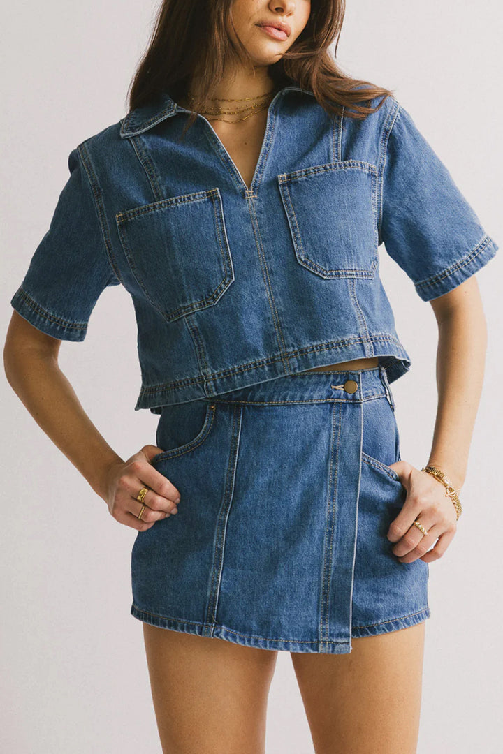 Women's casual denim short jacket set with matching skirt Lisslune