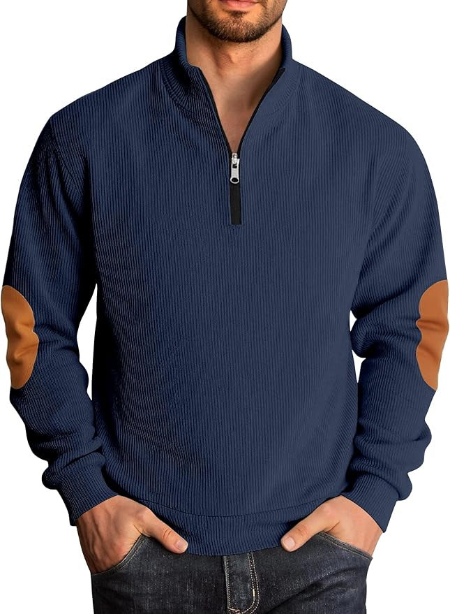 Men's knitted sweater with fashionable high collar and contrasting elbow patches Lisslune