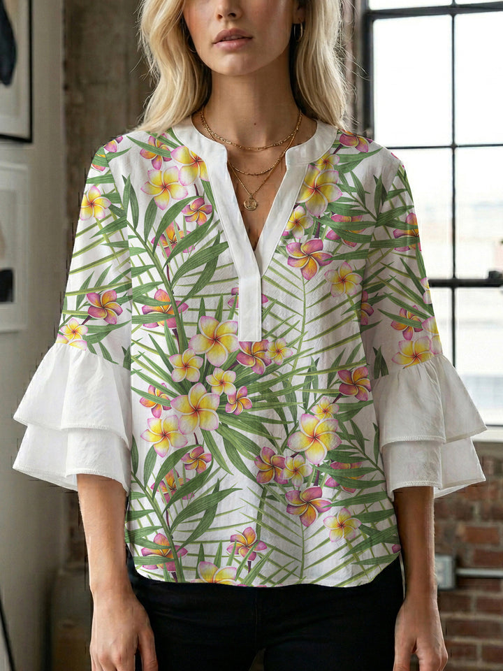 Ladies elegant top with voluminous ruffle hems and floral design Lisslune