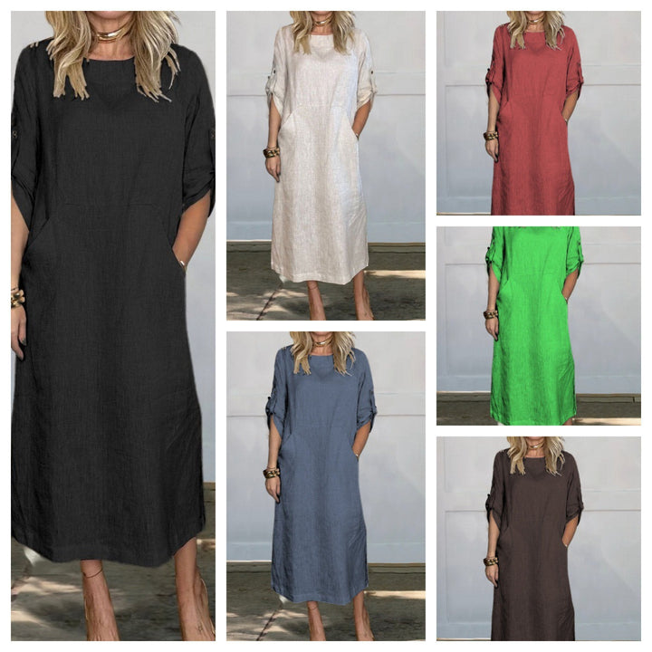 Women's Casual Linen Midi Dress with Side Pockets and Roll-Up Sleeves Lisslune