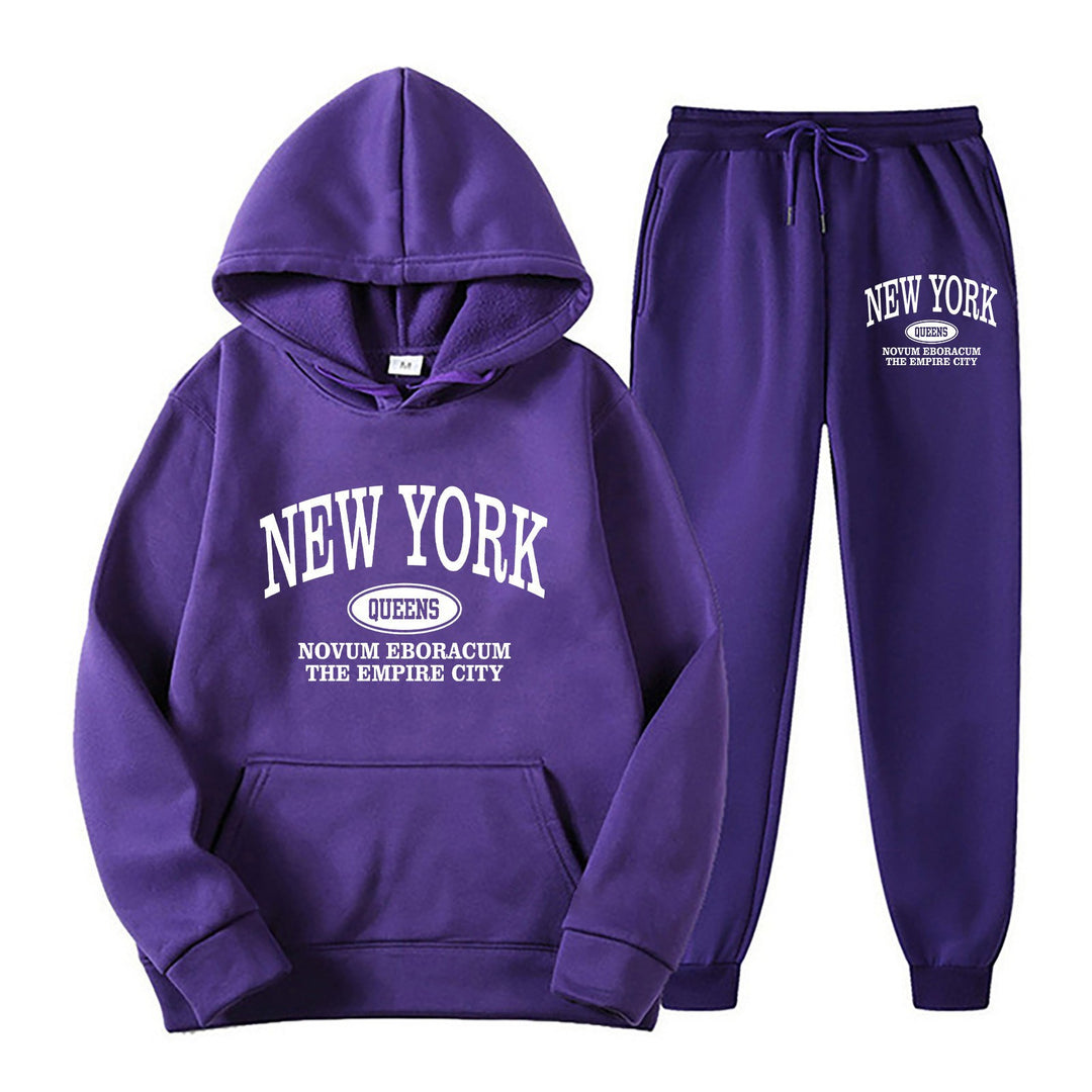 Women's Sporty Hooded Set with Large New York Print Lisslune