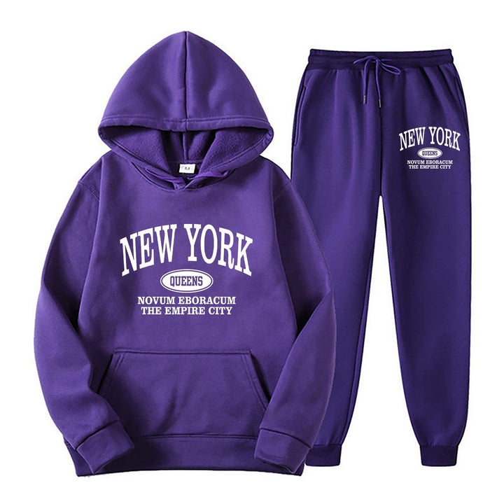 Women's Sporty Hooded Set with Large New York Print Lisslune
