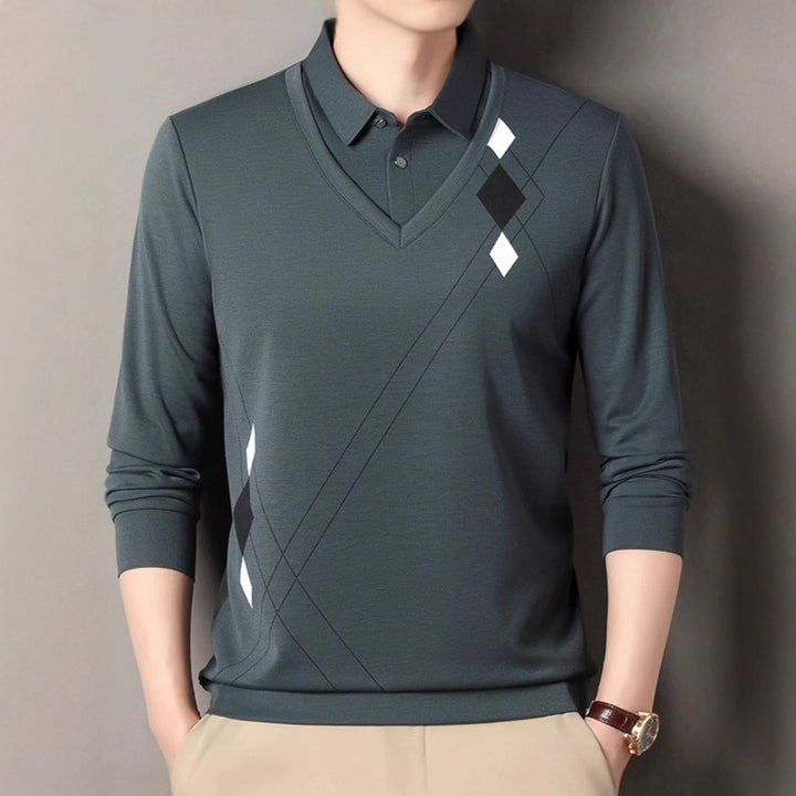 Men's elegant long-sleeved sweater with V-neck and modern pattern Lisslune