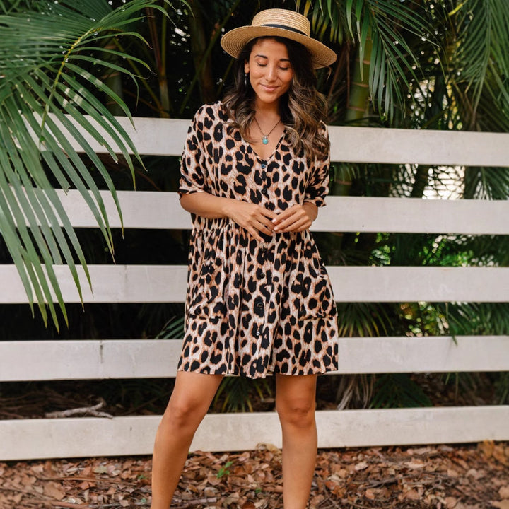 Women’s animal print shirt dress with short sleeves and button placket Lune London