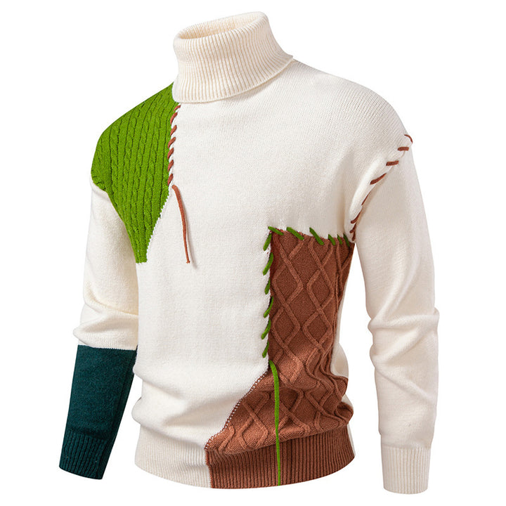 Men's turtleneck sweater with geometric cable pattern and contrasting accents Lisslune