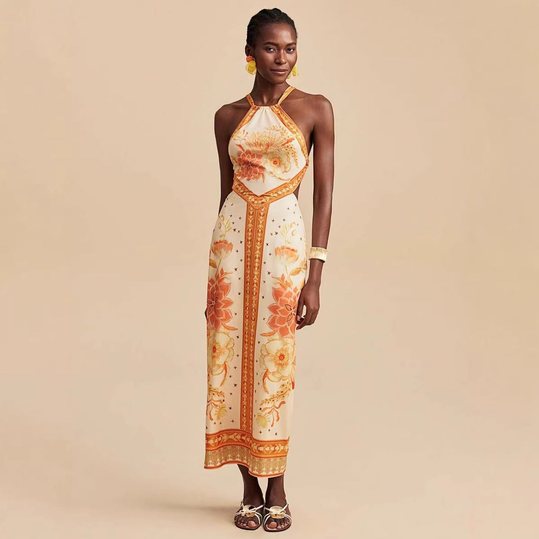 Women's maxi dress with exclusive halter design and floral print