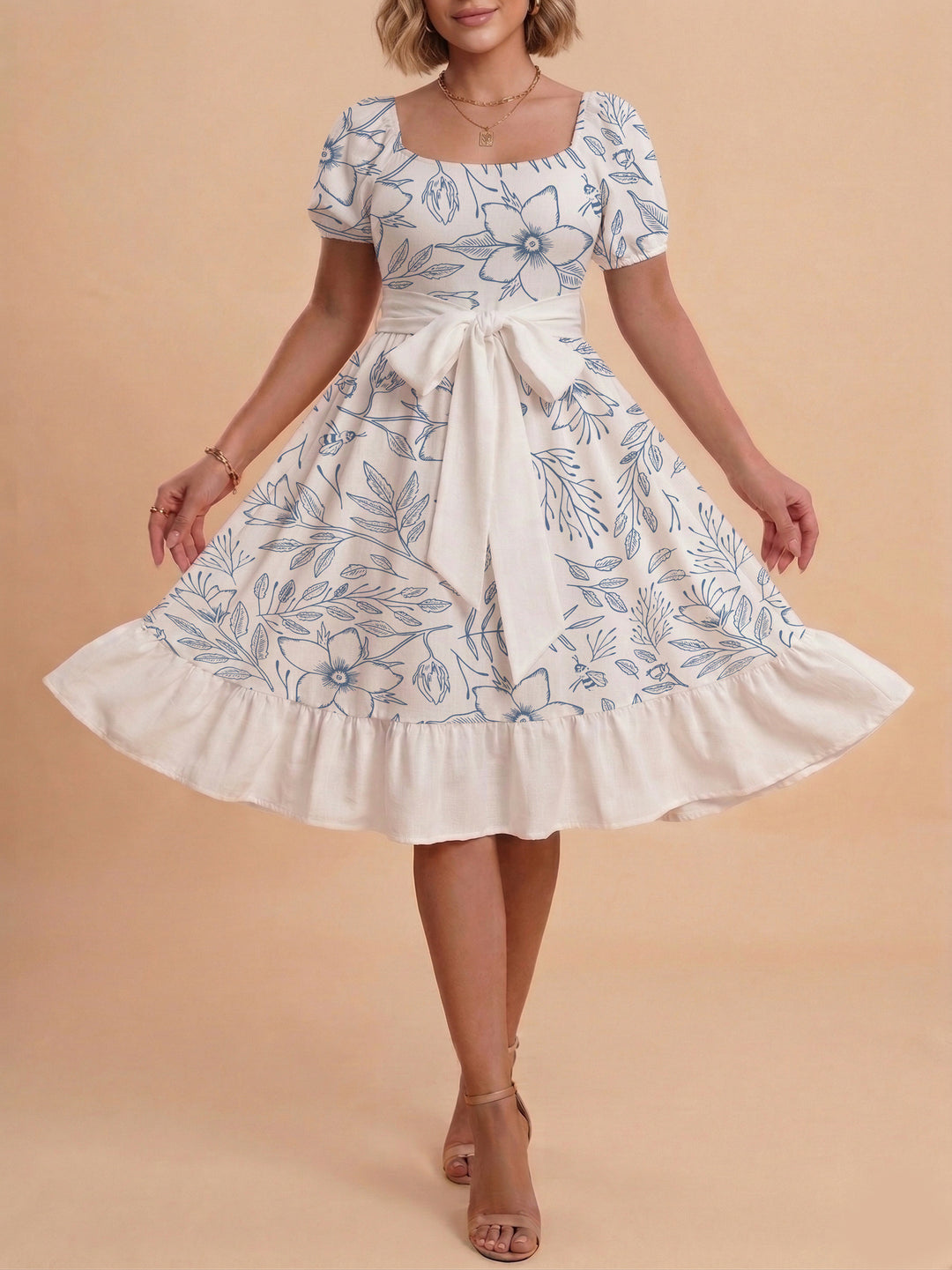 Women's Midi Dress with Elegant Floral Print and Fitted Belt Lisslune