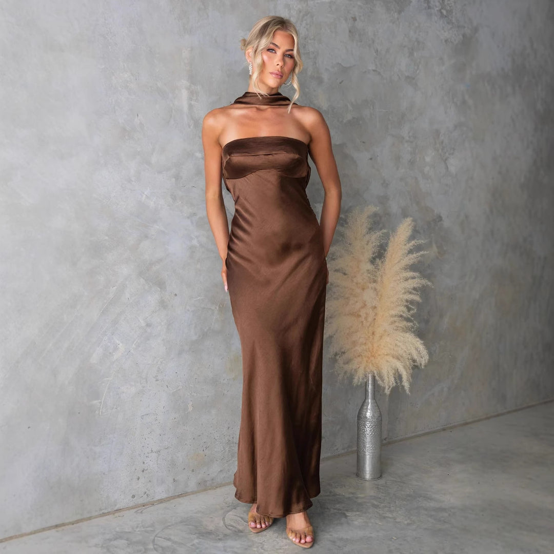 Ladies Elegant Evening Dress with Off-Shoulder Design and Shimmering Satin