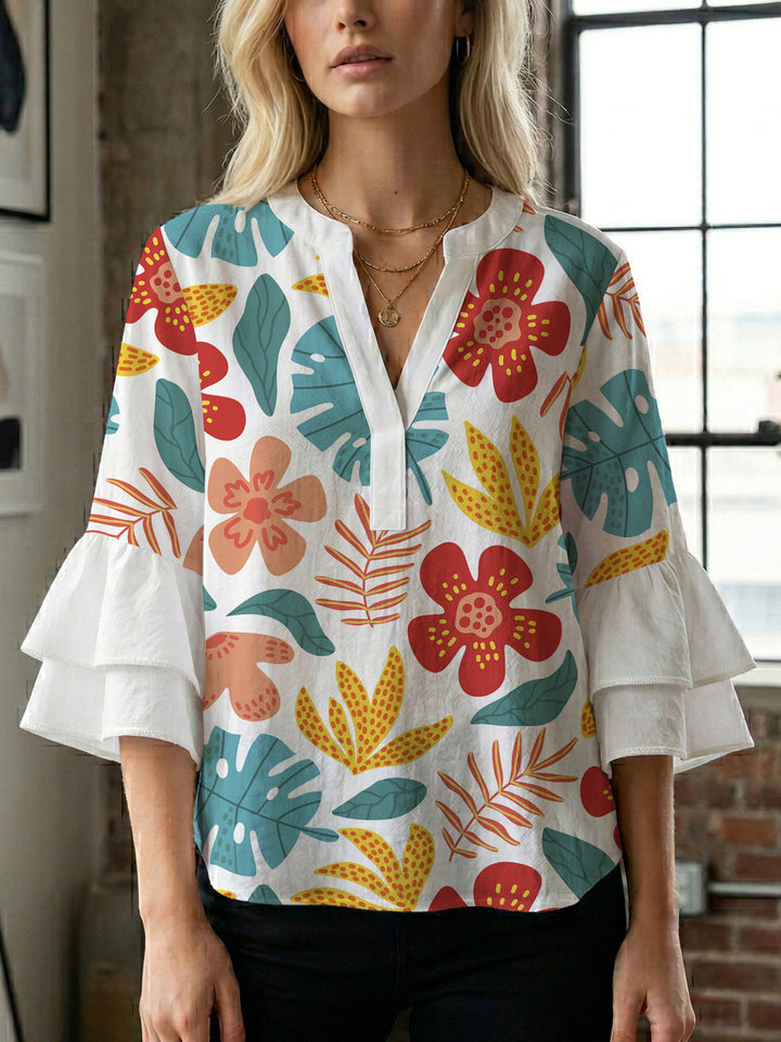 Women Elegant Top with Voluminous Puff Sleeves and Floral Print Lisslune