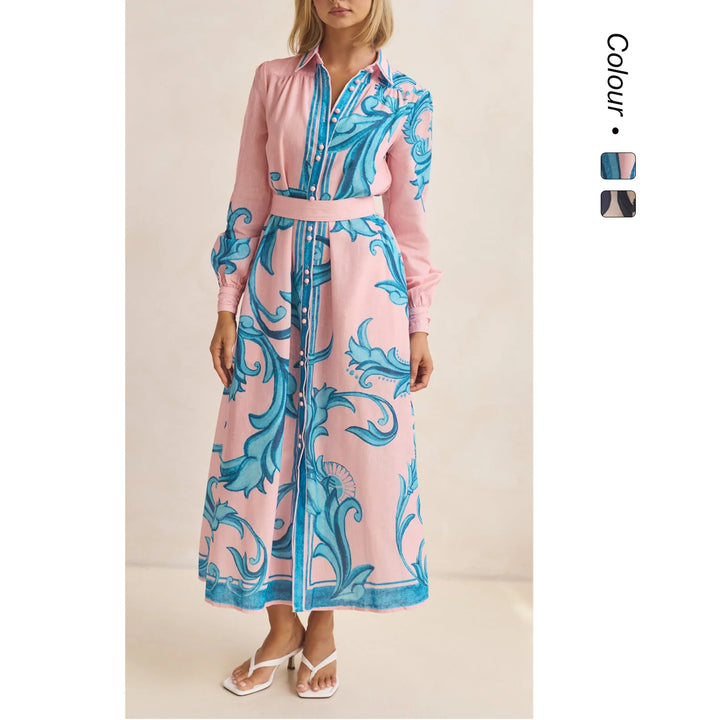 Ladies long sleeve shirt dress with floral accents and waist belt Lune London