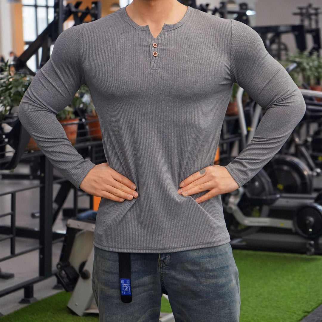 Men's Long Sleeve Henley Shirt with Textured Rib Design Lisslune